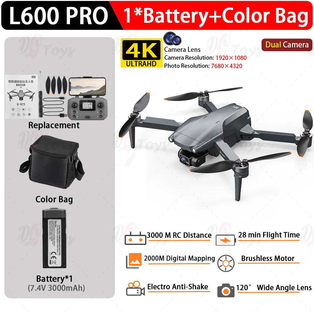 L600 PRO/L600 Pro Max 4K Professional Drone 3-Axis Gimbal RC Quadcopter 3KM Flight Mini Dron Smart Obstacle Avoidance Aircraft