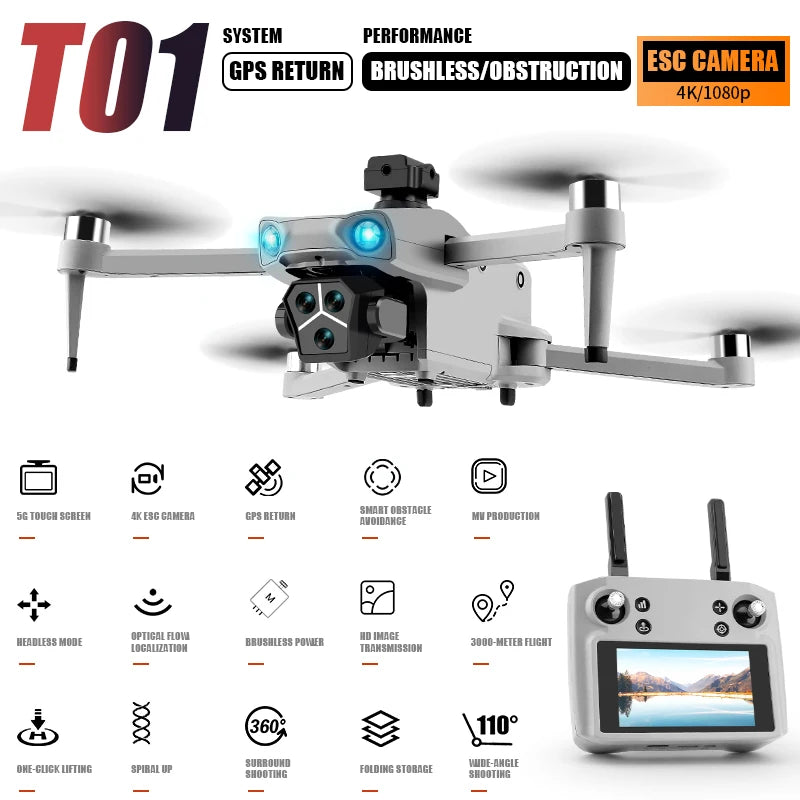 T01 Mini Drone with 4K HD Camera 4.5' Touch Screen GPS Obstacle Avoidance Brushless Motor - Folding Quadcopter for Photography