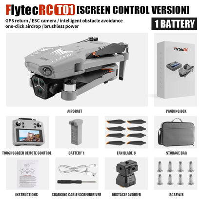 T01 Mini Drone with 4K HD Camera 4.5' Touch Screen GPS Obstacle Avoidance Brushless Motor - Folding Quadcopter for Photography