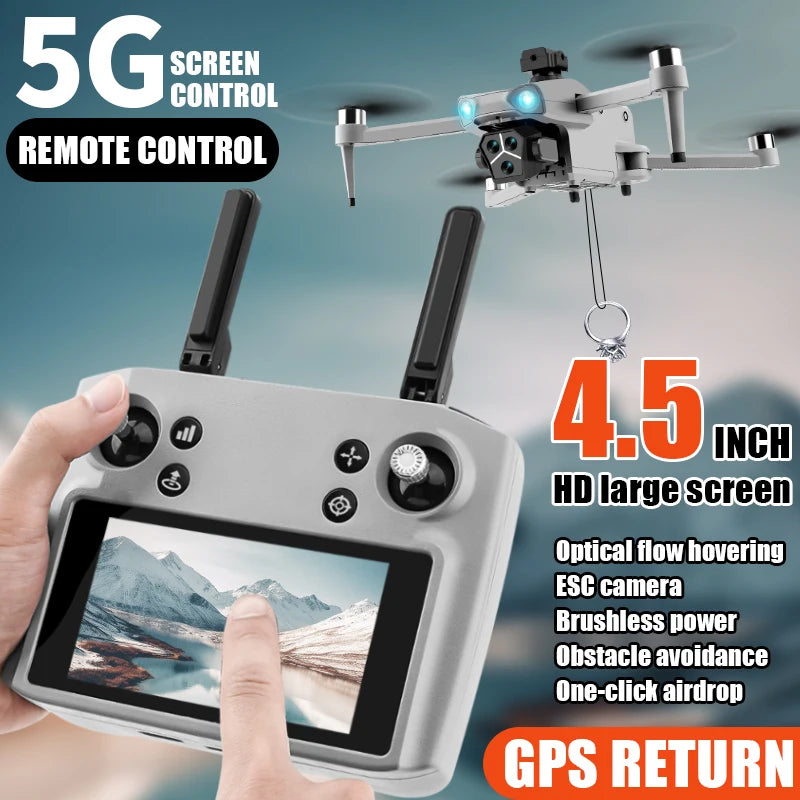 T01 Mini Drone with 4K HD Camera 4.5' Touch Screen GPS Obstacle Avoidance Brushless Motor - Folding Quadcopter for Photography