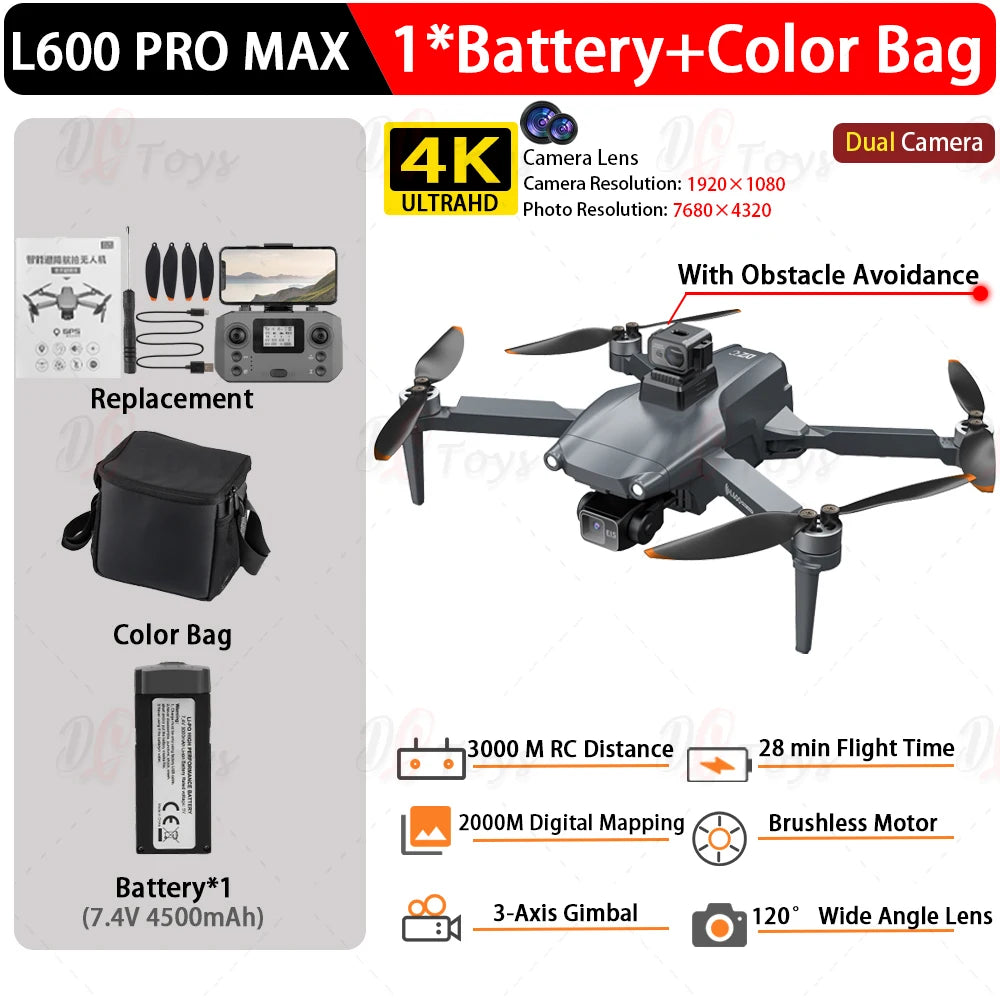 L600 PRO/L600 Pro Max 4K Professional Drone 3-Axis Gimbal RC Quadcopter 3KM Flight Mini Dron Smart Obstacle Avoidance Aircraft