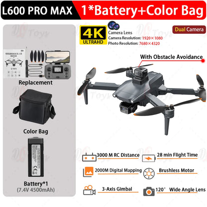 L600 PRO/L600 Pro Max 4K Professional Drone 3-Axis Gimbal RC Quadcopter 3KM Flight Mini Dron Smart Obstacle Avoidance Aircraft