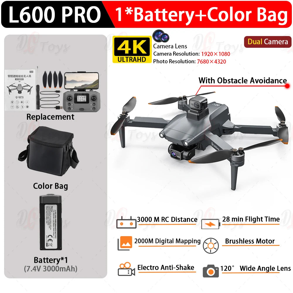 L600 PRO/L600 Pro Max 4K Professional Drone 3-Axis Gimbal RC Quadcopter 3KM Flight Mini Dron Smart Obstacle Avoidance Aircraft