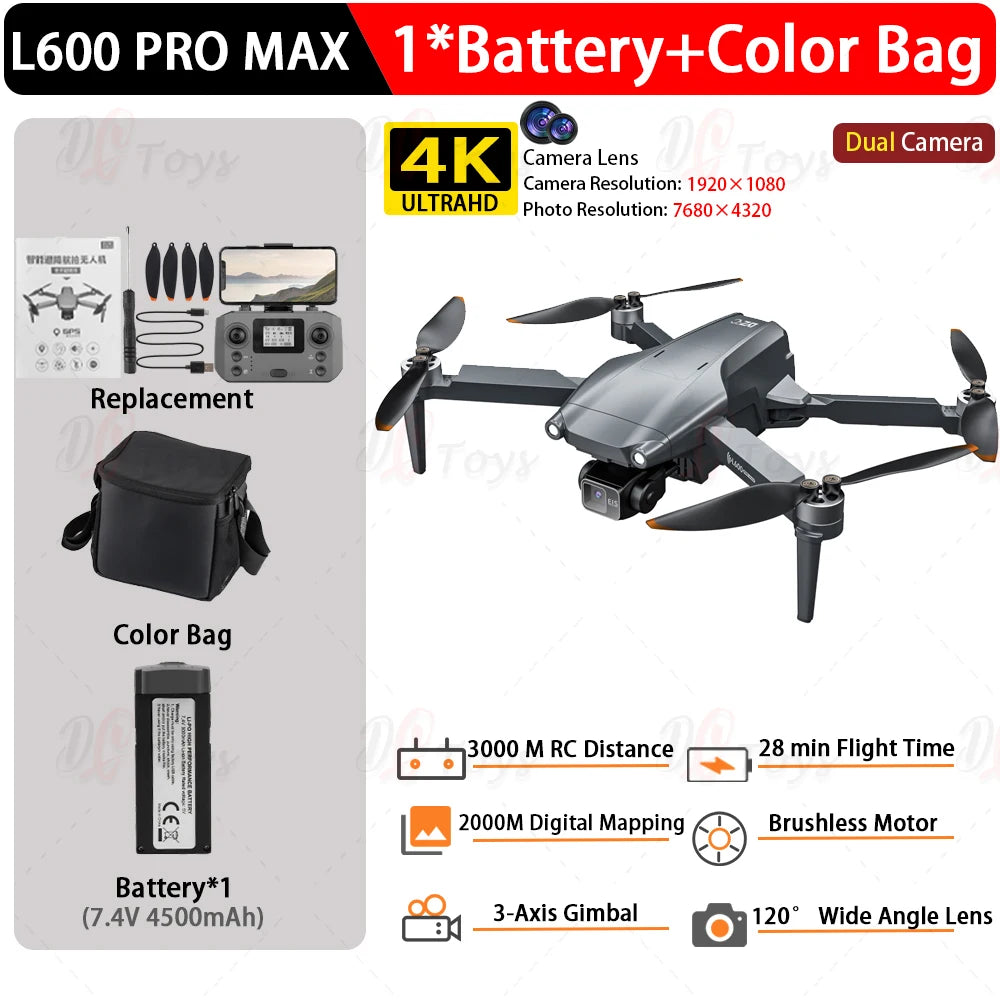L600 PRO/L600 Pro Max 4K Professional Drone 3-Axis Gimbal RC Quadcopter 3KM Flight Mini Dron Smart Obstacle Avoidance Aircraft