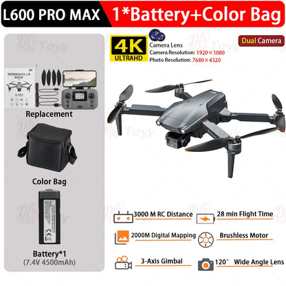 L600 PRO/L600 Pro Max 4K Professional Drone 3-Axis Gimbal RC Quadcopter 3KM Flight Mini Dron Smart Obstacle Avoidance Aircraft
