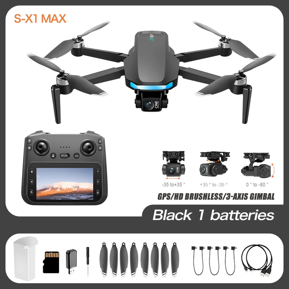 S-X1 GPS Drone 4K Professional HD Dual Camera 5G WIFI Brushless FPV Quadcopter Foldable 3-axis Gimbal Aerial Photography RC Dron